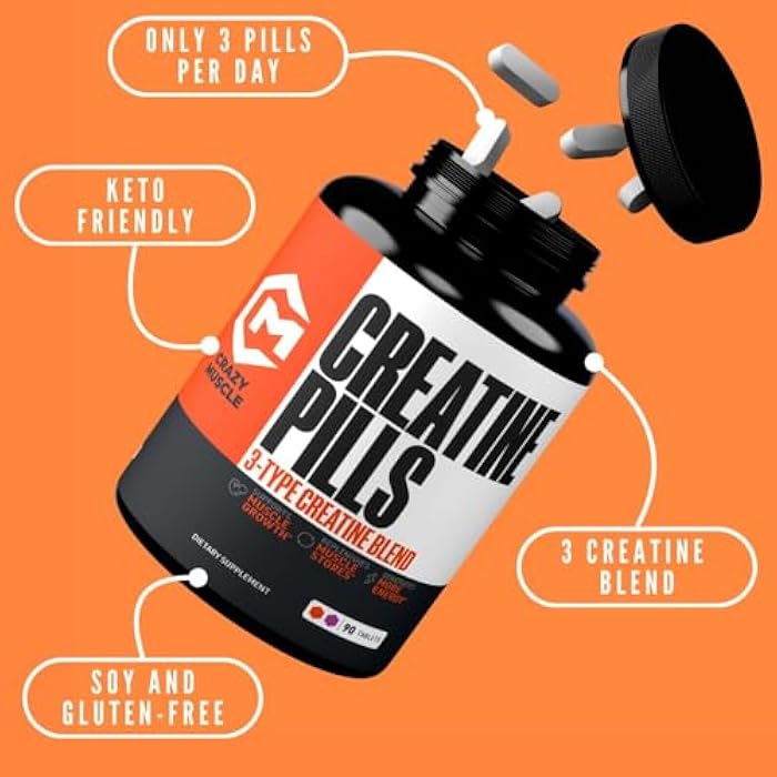 Crazy Muscle, Creatine Pills, 5g 3X Pure Creatine Monohydrate, Pre Workout Bulk Muscle Mass Gainer, High Absorption Easy to Take ThreeAtine 3 Type Optimum Performance for Lean Growth Men Women - Image 2