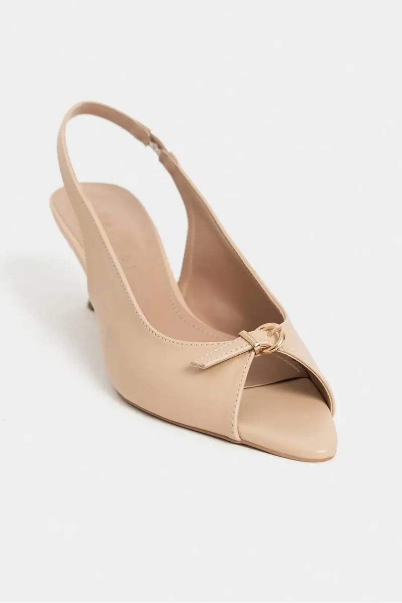 Nisantasi Shoes Rone Matte Pointed Toe Front Buckle Slim Heel Slingback — Nude Light