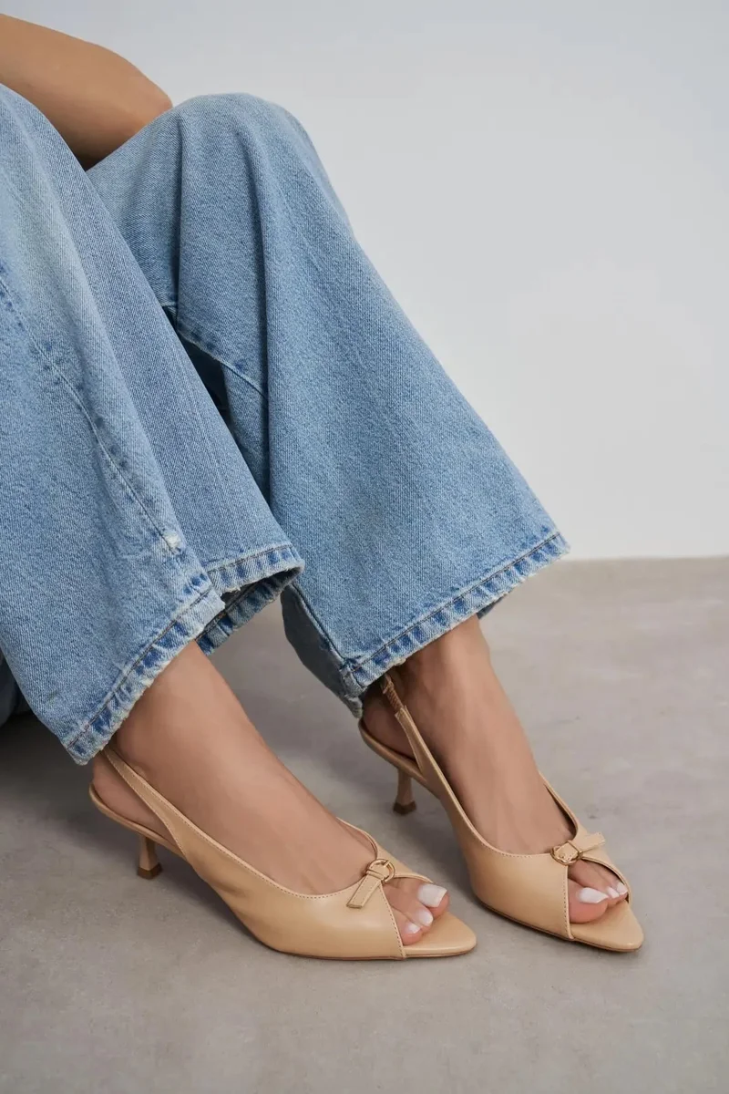 Nisantasi Shoes  Rone Matte Pointed Toe Front Buckle Slim Heel Slingback — Nude Light for Women | Best Price UAE
