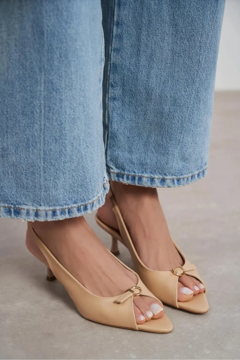 Nisantasi Shoes  Rone Matte Pointed Toe Front Buckle Slim Heel Slingback — Nude Light for Women | Best Price UAE