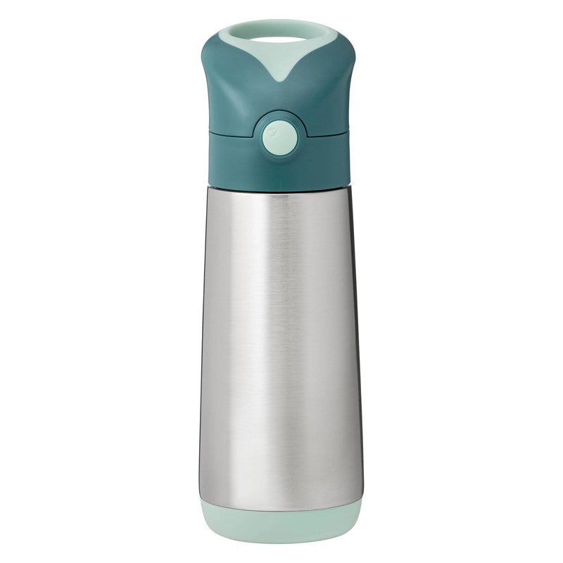 B.Box Insulated Drink Bottle with Straw | Stainless Steel Water Bottle for Kids 3+ Years | Push Button Lid | BPA-Free | Keeps Drinks Cold up to 15 Hours | 500ml (17 fl oz)-Emerald Forest