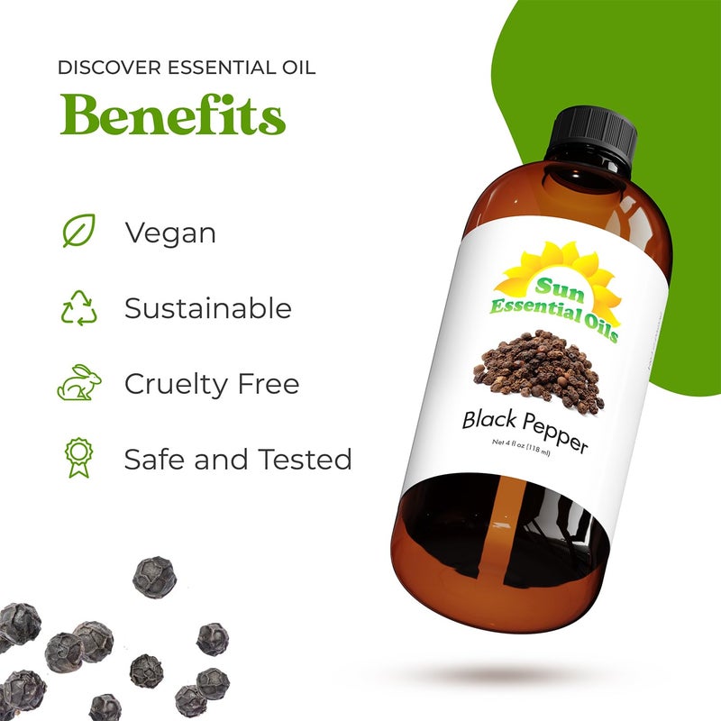 Sun Essential Oils زيوت الشمس الأساسية - زيت الفلفل الأسود 4 أونصات زجاجة للناشر، المرطب، العلاج بالروائح، العناية الذاتية والمنزلية - زيت الفلفل الأسود - زيت العلاج بالروائح - Image 3
