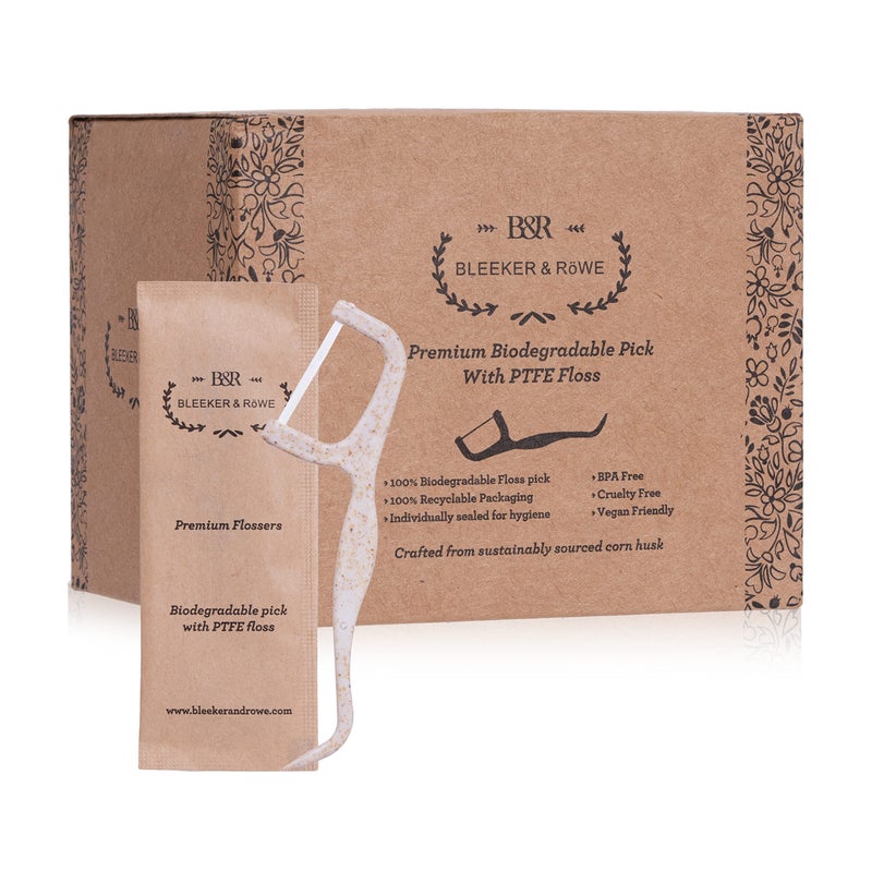 Bleeker and Rowe Biodegradable Individually Wrapped Floss Picks Eco Friendly Flossers 150 Pack PTFE Floss
