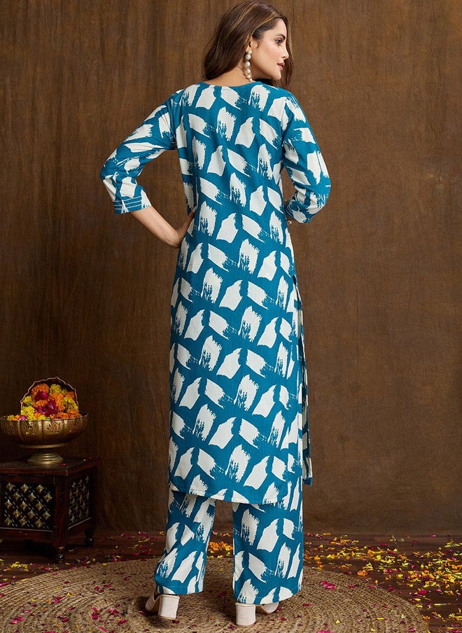 Women Basket Women Abstract Printed Pure Cotton V-Neck Straight Kurta with Trousers - Image 4