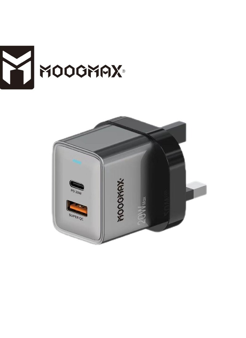 موجماكس ⚡ شاحن ثنائي المنفذ بقوة ٢٠ واط لتوافق سلس مع الأجهزة  صُمم شاحن MX106 لضمان تعدد الاستخدامات والأمان، حيث يُشغّل أجهزة USB-C وUSB-A بحماية ذكية وجهد متكيف وقدرة شحن سريعة. 