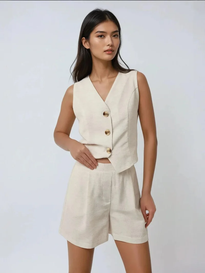 HICCUP Ivory Natural V-Neck Linen Like Vest & Short Two-Piece Set for Women | Best Price UAE