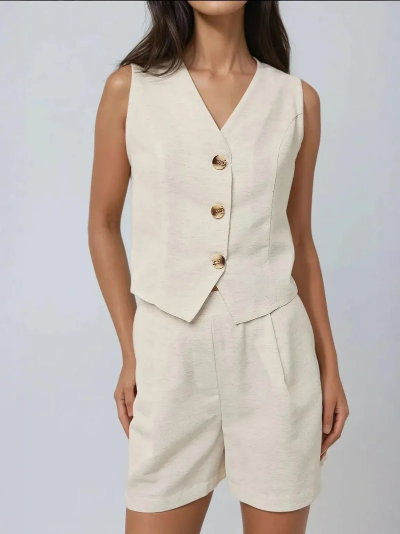 HICCUP V-Neck Linen Like Vest & Short Two-Piece Set