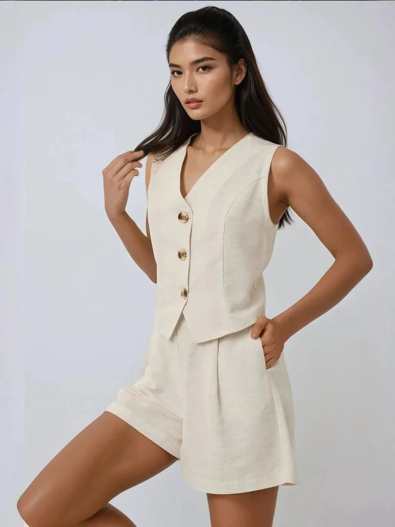 V-Neck Linen Like Vest & Short Two-Piece Set