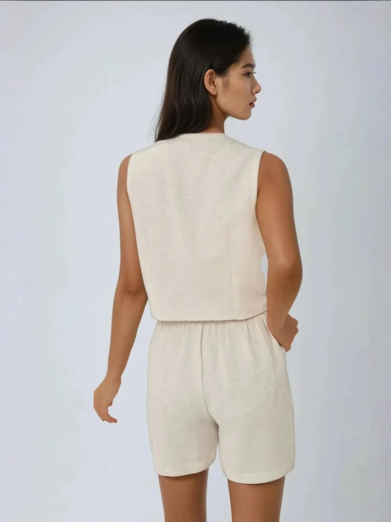 HICCUP Ivory Natural V-Neck Linen Like Vest & Short Two-Piece Set for Women | Best Price UAE