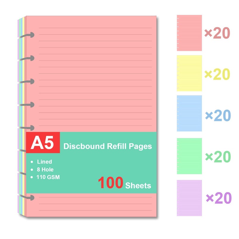 Cheericome Junior Size Refills Paper, A5 Loose Leaf Paper for TUL Custom Note-Taking System Discbound Notebook Planner Inserts, 5 Colors(20 Sheets/C), Total 100 Sheets/200 Pages, College Ruled, 5.5 X 8.5 Inch - Image 2