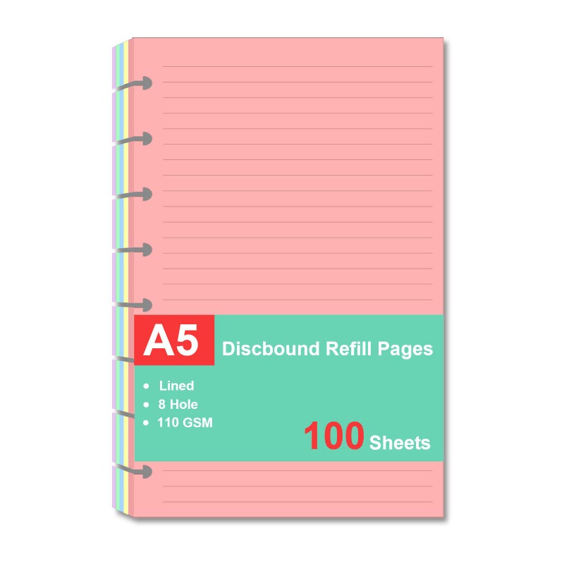 Cheericome Junior Size Refills Paper, A5 Loose Leaf Paper for TUL Custom Note-Taking System Discbound Notebook Planner Inserts, 5 Colors(20 Sheets/C), Total 100 Sheets/200 Pages, College Ruled, 5.5 X 8.5 Inch - Image 1