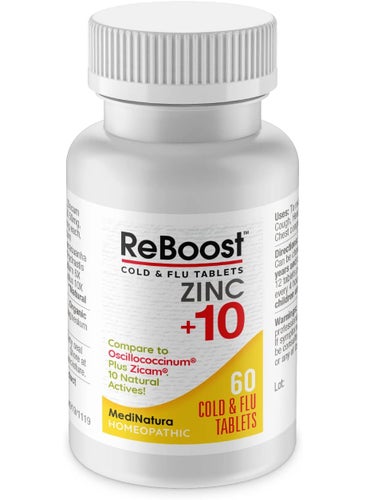 MediNatura MediNatura ReBoost Zinc +10 MAX Cold & Flu Symptom Relief Fast-Acting, Non-Drowsy Natural Soothing Homeopathic Helps Relieve Whole Body Discomfort, Cough, Fatigue, Congestion - Lemon - 60 Tablets 