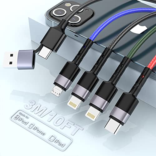 MTAKYI 10 Ft USB C Multi Fast Charging Cable Universal USB Cellphone Cables 4 in 1 Charging Cord with Lightning*2+Type C+Micro USB Nylon Braided Charger Cord Adapter for Apple iOS iPhone/Android/Samsung - Image 1