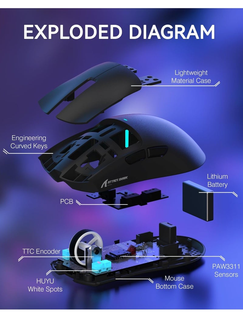 Attack Shark - X11 Lightweight Wireless Gaming Mouse with RGB Charging Dock,Tri-Mode-2.4G/USB-C Wired/BT,22K DPI,PAW3311 Optical Sensor,HUYU Switch, 5 programmable Buttons for PC/Mac(Black) - Image 1