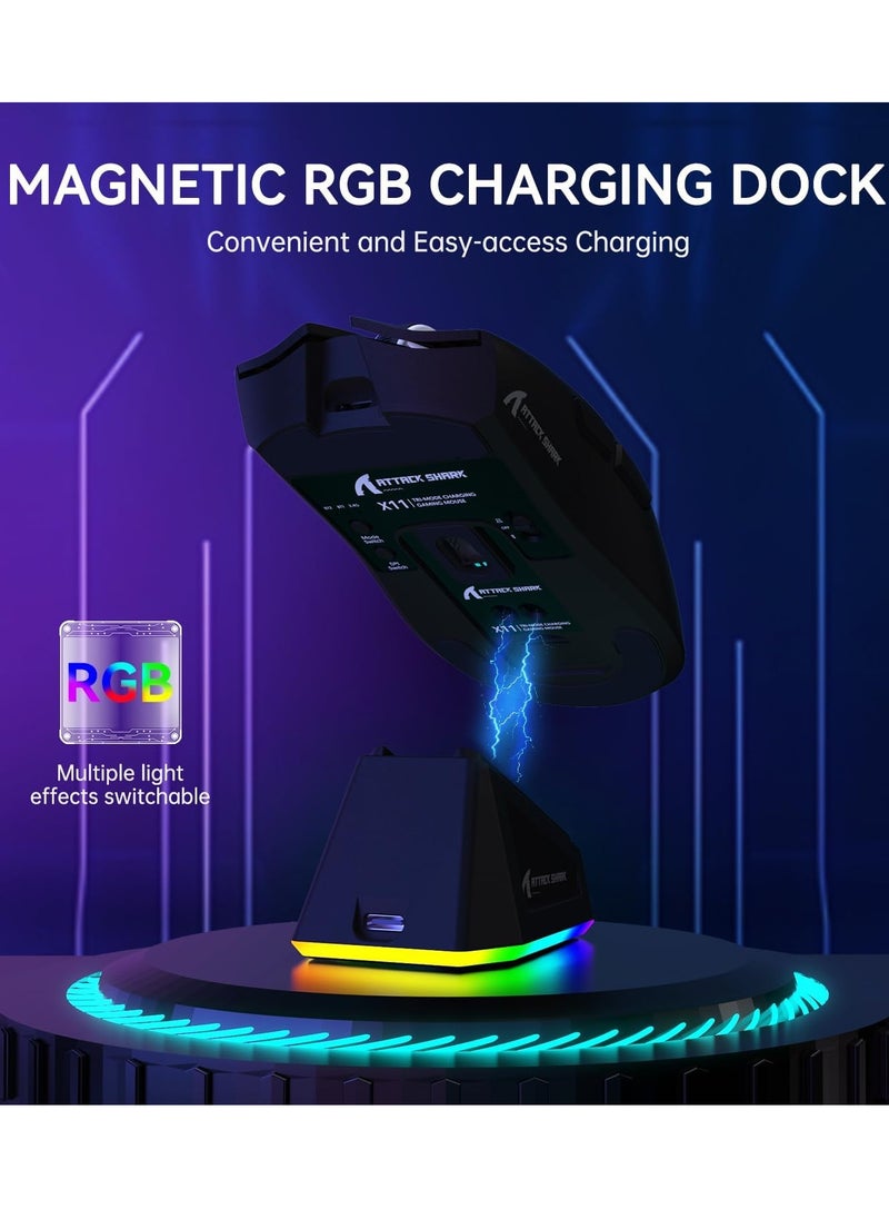 Attack Shark X11 Lightweight Wireless Gaming Mouse with RGB Charging Dock,Tri-Mode-2.4G/USB-C Wired/BT,22K DPI,PAW3311 Optical Sensor,HUYU Switch, 5 programmable Buttons for PC/Mac(Black)  - Image 3