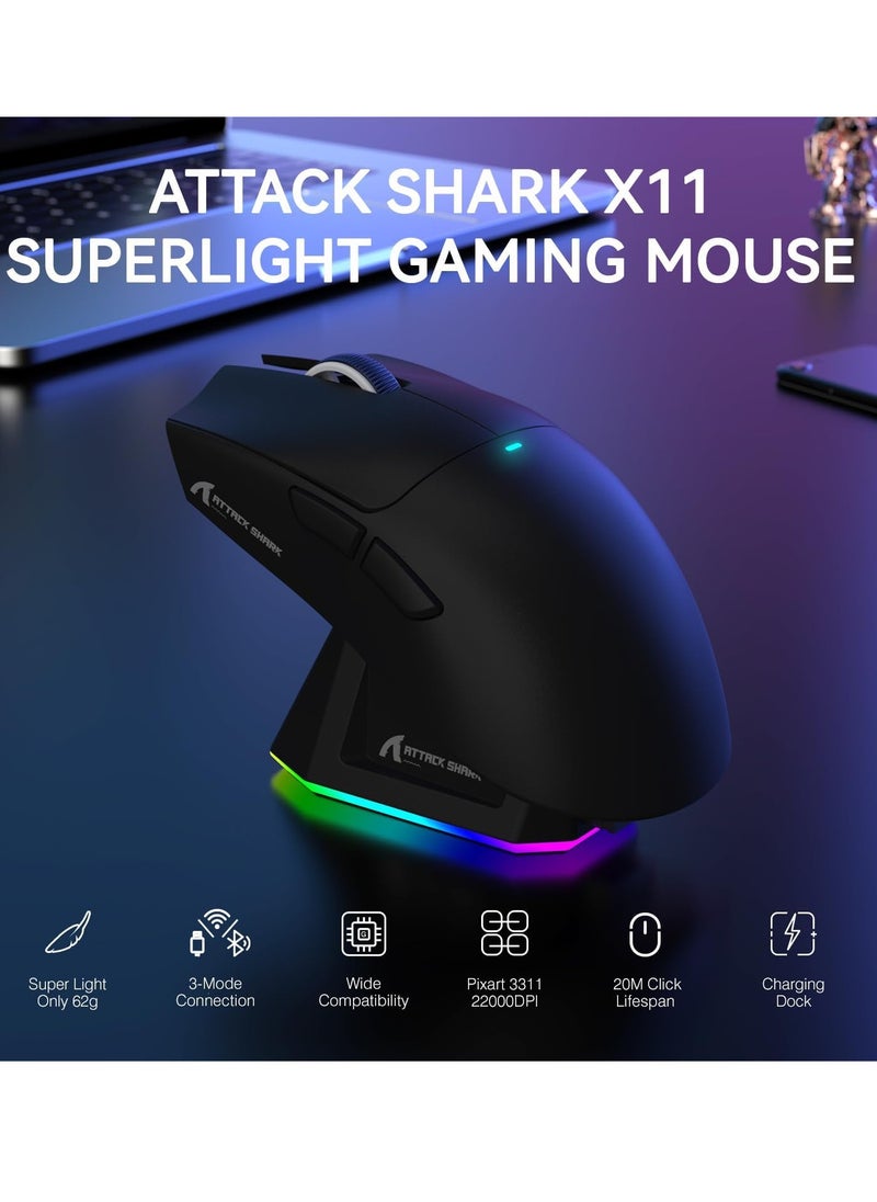 Attack Shark X11 Lightweight Wireless Gaming Mouse with RGB Charging Dock,Tri-Mode-2.4G/USB-C Wired/BT,22K DPI,PAW3311 Optical Sensor,HUYU Switch, 5 programmable Buttons for PC/Mac(Black)  - Image 2