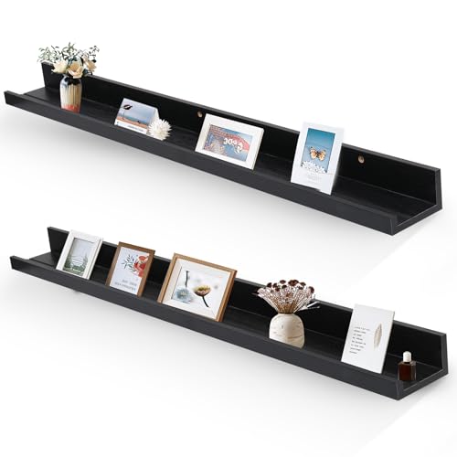 Muzilife 453 Large Floating Wall Ledge Shelves with Lip  Set of 2 Wood Floating Shelves  Black Wall Mounted Picture Ledge for Office Bathroom Bedroom Living Room Kitchen