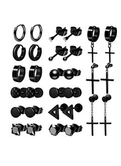 Men's Black Stud Earrings - Stainless Steel Unisex Jewelry Set with Hoops and Cross Designs