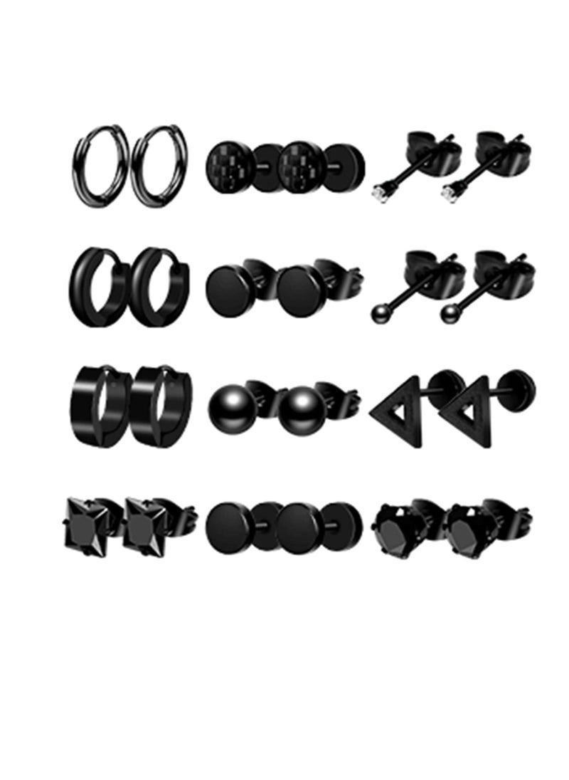 Generic - Men's Black Stud Earrings - Stainless Steel Unisex Jewelry Set with Hoops and Cross Designs - Image 1