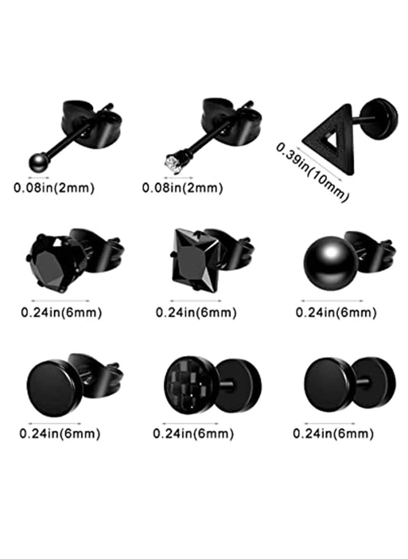 Generic - Men's Black Stud Earrings - Stainless Steel Unisex Jewelry Set with Hoops and Cross Designs - Image 1