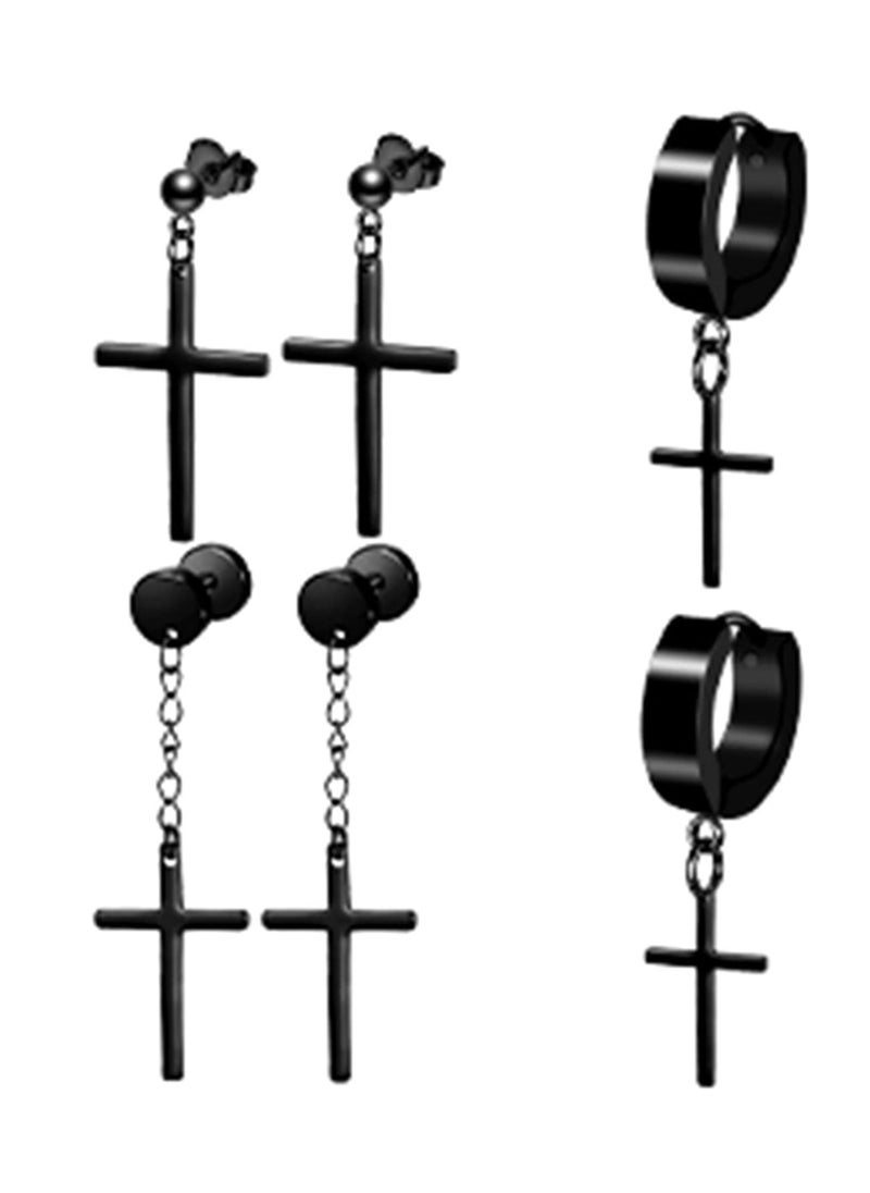 Generic - Men's Black Stud Earrings - Stainless Steel Unisex Jewelry Set with Hoops and Cross Designs - Image 1