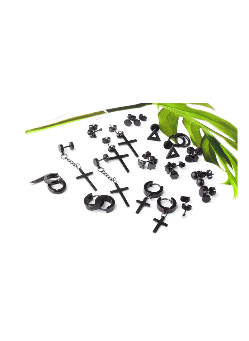 Generic - Men's Black Stud Earrings - Stainless Steel Unisex Jewelry Set with Hoops and Cross Designs - Image 1
