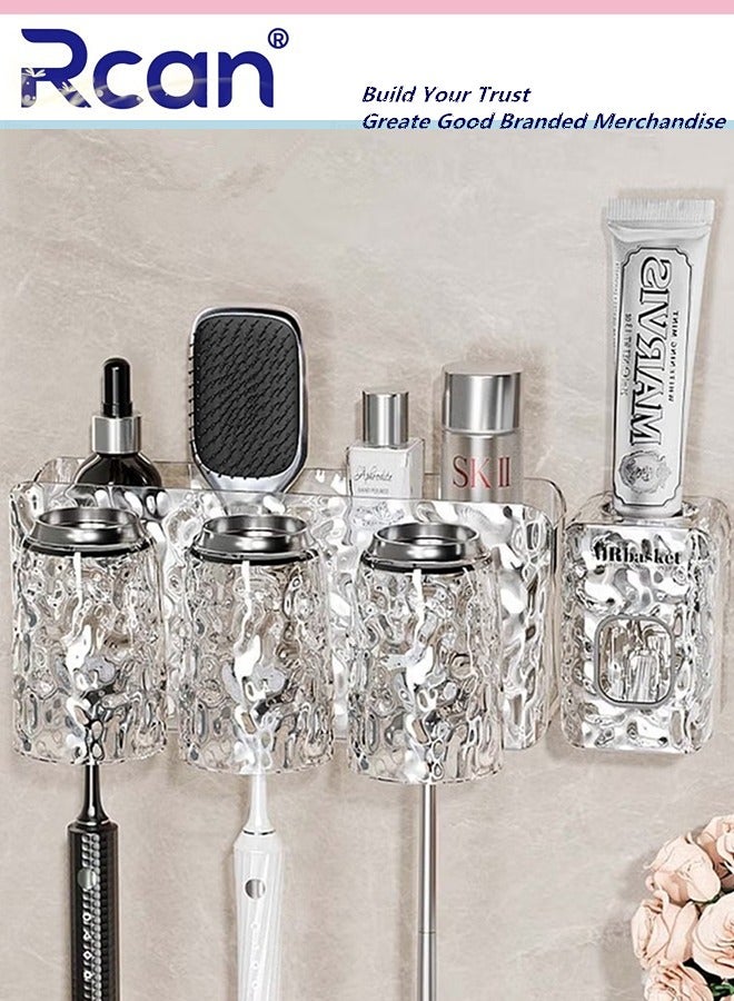 Rcan 3 Cup Toothbrush Holders with Toothpaste Dispenser Wall Mounted Multi-Functional Non Punching Space Saving Toothbrush Organizer Glacier Pattern Toothbrush Shelf  - Image 1