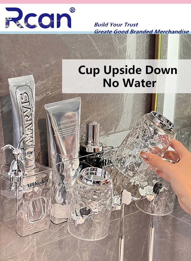 Rcan 3 Cup Toothbrush Holders with Toothpaste Dispenser Wall Mounted Multi-Functional Non Punching Space Saving Toothbrush Organizer Glacier Pattern Toothbrush Shelf  - Image 2