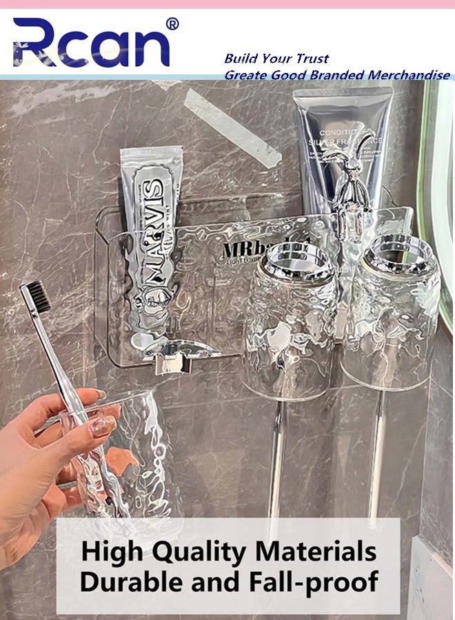 Rcan 3 Cup Toothbrush Holders with Toothpaste Dispenser Wall Mounted Multi-Functional Non Punching Space Saving Toothbrush Organizer Glacier Pattern Toothbrush Shelf  - Image 3