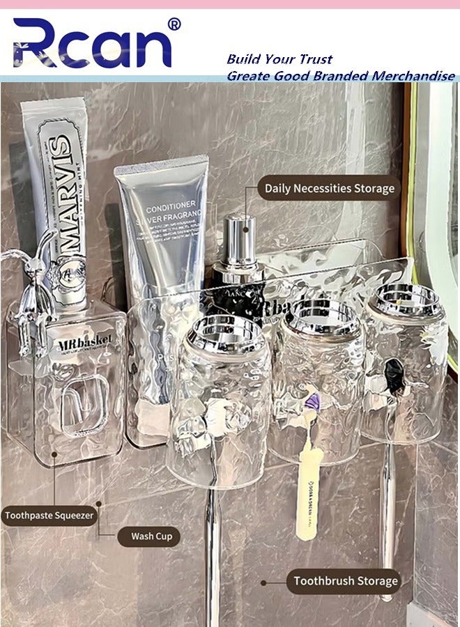 Rcan 3 Cup Toothbrush Holders with Toothpaste Dispenser Wall Mounted Multi-Functional Non Punching Space Saving Toothbrush Organizer Glacier Pattern Toothbrush Shelf  - Image 4
