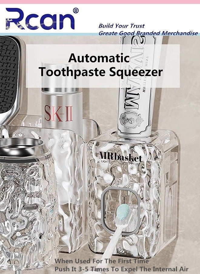Rcan 3 Cup Toothbrush Holders with Toothpaste Dispenser Wall Mounted Multi-Functional Non Punching Space Saving Toothbrush Organizer Glacier Pattern Toothbrush Shelf  - Image 5