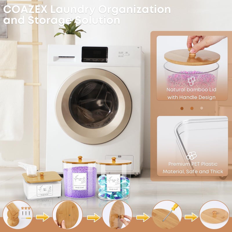 COAZEX 3 Pack Laundry Powder Container & Dryer Sheet Holder, Large Plastic Laundry Room Organization and Storage Jars with Lids, Labels & Scoops for Powder, Detergent, Scent Booster - Image 4