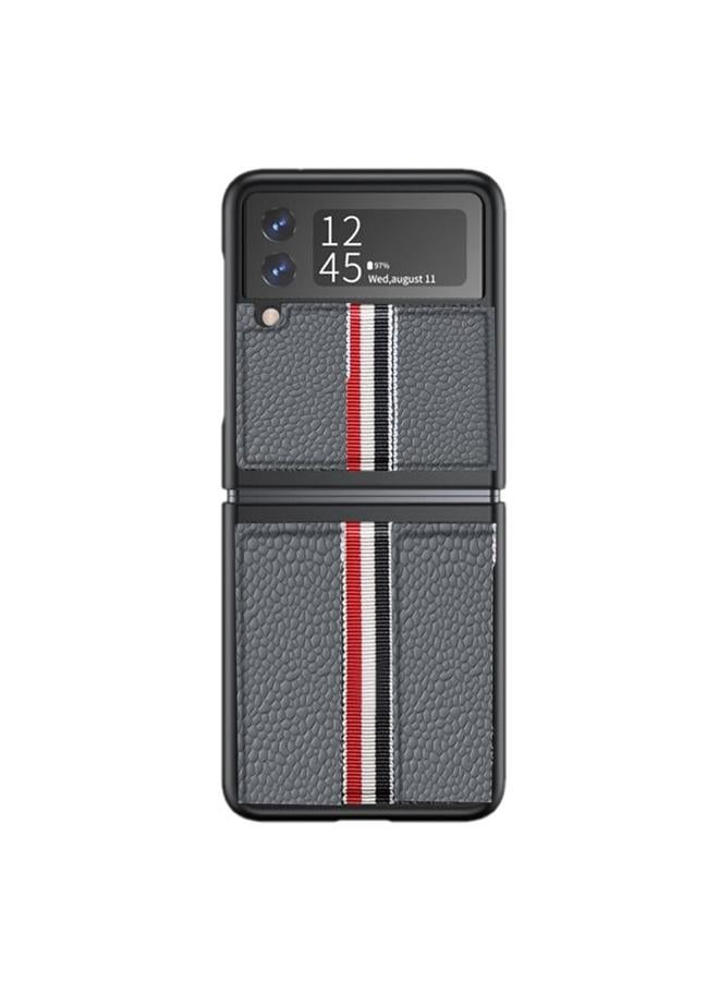S-TOP Case For Samsung Galaxy Z Flip4 Litchi Texture Genuine Leather Color Strip Phone Case - Image 2