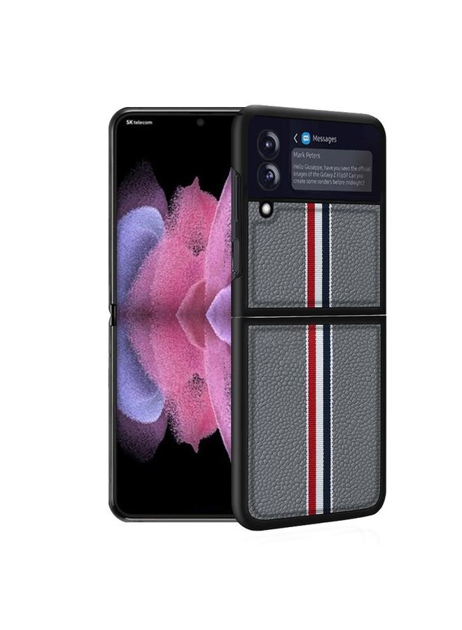S-TOP Case For Samsung Galaxy Z Flip4 Litchi Texture Genuine Leather Color Strip Phone Case - Image 1