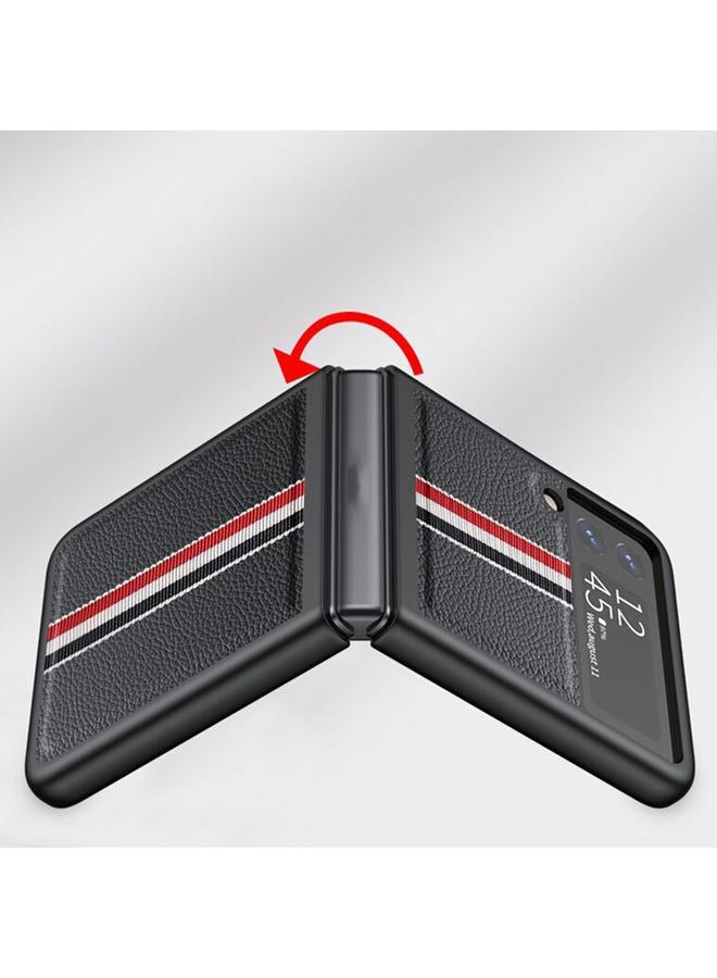S-TOP Case For Samsung Galaxy Z Flip4 Litchi Texture Genuine Leather Color Strip Phone Case - Image 5