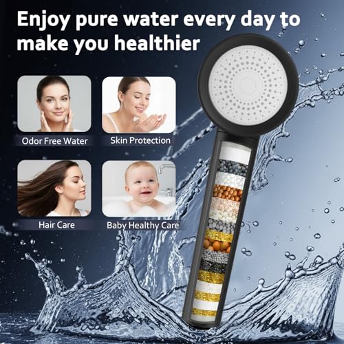 PWERAN Filtered Shower Head with Handheld, High Pressure Water Flow and Multiple Spray Modes Shower Head with Filter, Power Wash for Hard Water, Showerhead with ON/OFF Switch for Pets Bath (Glossy Black) - Image 4