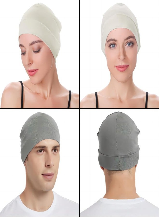 Headshion Cotton Skull Caps for Men Women,2-Pack Lightweight Beanie Sleep Hats Breathable Helmet Liner Grey,Ivory White, Pure Grey & Ivory White, One size - Image 3