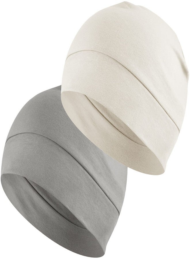 Headshion Cotton Skull Caps for Men Women,2-Pack Lightweight Beanie Sleep Hats Breathable Helmet Liner Grey,Ivory White, Pure Grey & Ivory White, One size - Image 1