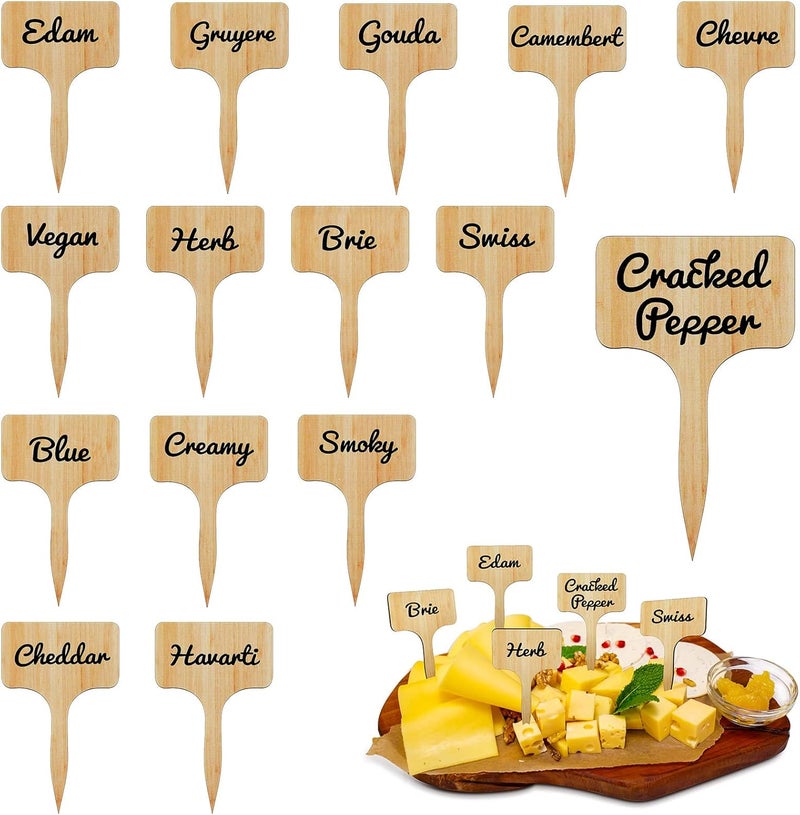 Queekay 15 Pcs Wooden Cheese Markers Set for Charcuterie Board Reusable Labels Marker Signs T Type Identification Name Food Tag for Buffet Christmas Wedding Birthday Cocktail Party Gift, 2.4 x 4 Inch - Image 1