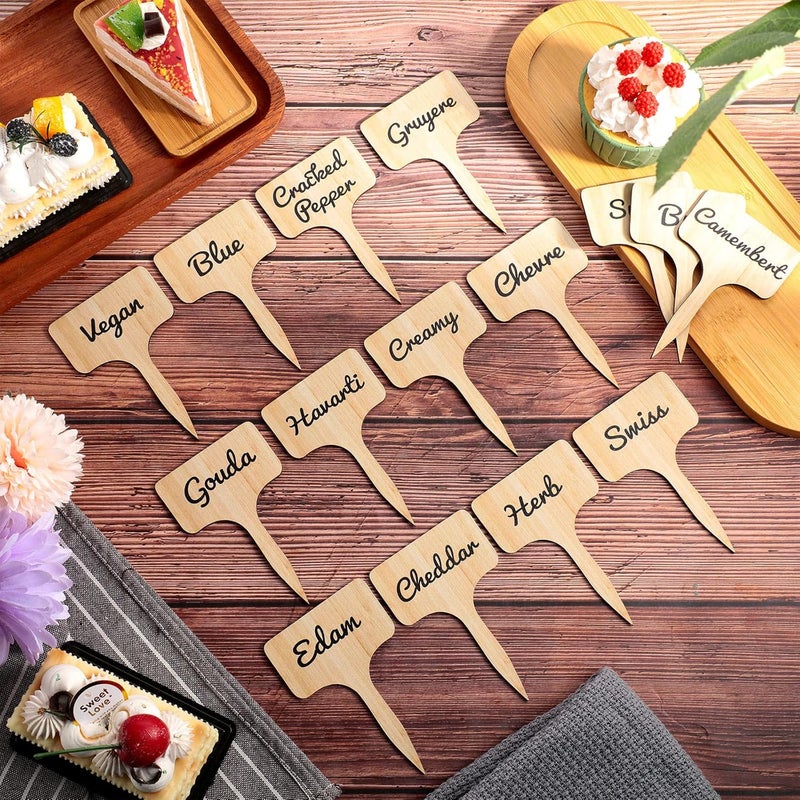 Queekay 15 Pcs Wooden Cheese Markers Set for Charcuterie Board Reusable Labels Marker Signs T Type Identification Name Food Tag for Buffet Christmas Wedding Birthday Cocktail Party Gift, 2.4 x 4 Inch - Image 3