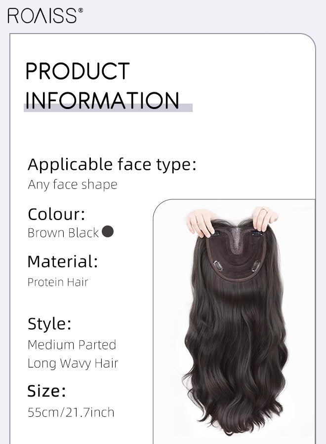 roaiss Medium Parted Long Wavy Hair Wig for Women, Natural Soft Synthetic Heat Resistant Hair Wig for Wedding Cosplay Party Daily Wear, Naturally Fluffy Brown Black, 55cm (22 inches) - Image 2