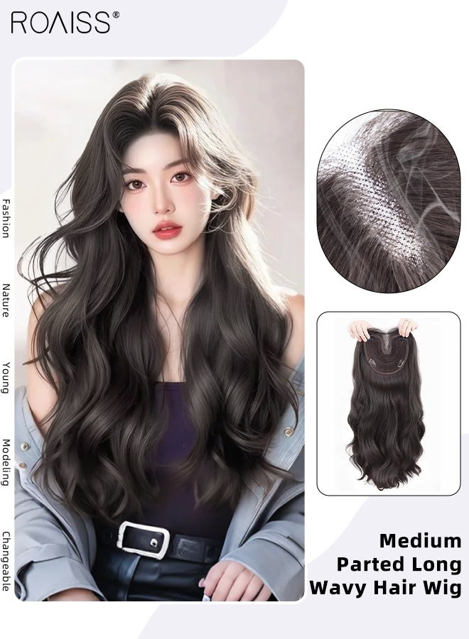roaiss Medium Parted Long Wavy Hair Wig for Women, Natural Soft Synthetic Heat Resistant Hair Wig for Wedding Cosplay Party Daily Wear, Naturally Fluffy Brown Black, 55cm (22 inches) - Image 1