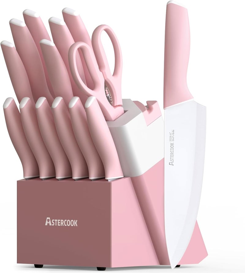 Astercook Knife Set, Kitchen Knives Set with Block and Sharpener Ceramic Coating 15 Pcs German Stainless Steel Knives Sharp Blade Dishwasher Safe Deba Knives with Ergonomic Handle, Crystal Pink - Image 1