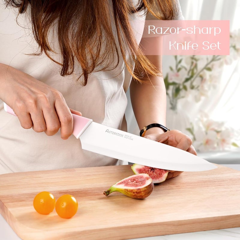 Astercook Knife Set, Kitchen Knives Set with Block and Sharpener Ceramic Coating 15 Pcs German Stainless Steel Knives Sharp Blade Dishwasher Safe Deba Knives with Ergonomic Handle, Crystal Pink - Image 2
