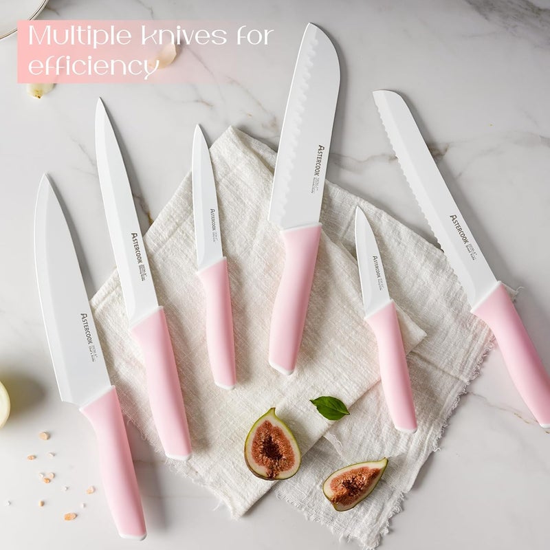 Astercook Knife Set, Kitchen Knives Set with Block and Sharpener Ceramic Coating 15 Pcs German Stainless Steel Knives Sharp Blade Dishwasher Safe Deba Knives with Ergonomic Handle, Crystal Pink - Image 4