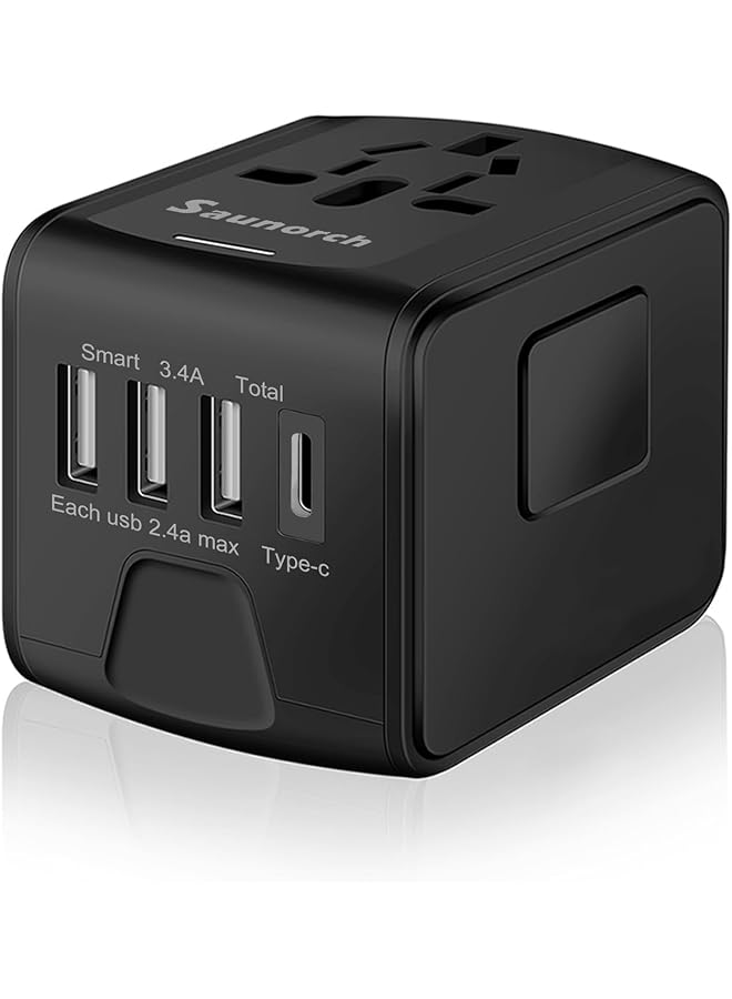 SAUNORCH محول طاقة سفر عالمي SAUNORCH مع شاحن حائط USB-A بسرعة 2.4A و USB-C بسرعة 3.0A، محول أوروبي، مقابس AC عالمية للسفر إلى أوروبا، المملكة المتحدة، الولايات المتحدة، أستراليا، آسيا - أسود - Image 1
