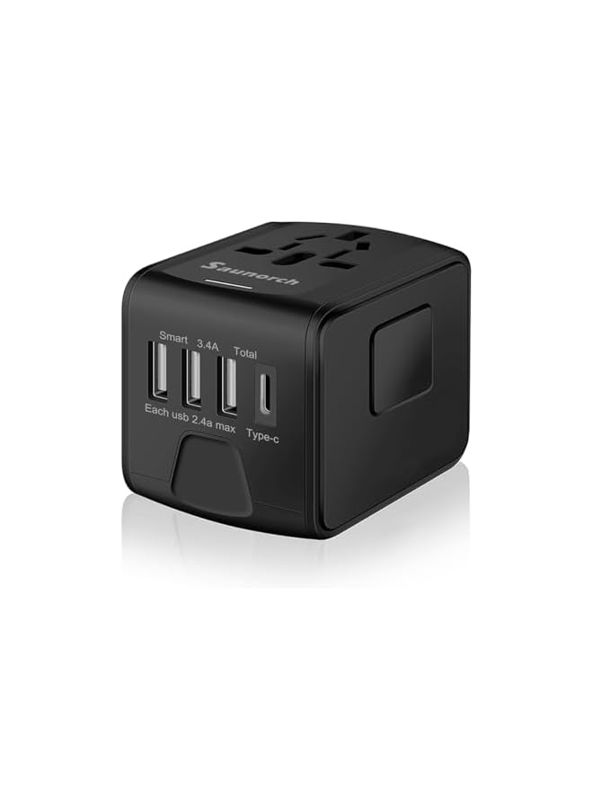 SAUNORCH محول طاقة سفر عالمي SAUNORCH مع شاحن حائط USB-A بسرعة 2.4A و USB-C بسرعة 3.0A، محول أوروبي، مقابس AC عالمية للسفر إلى أوروبا، المملكة المتحدة، الولايات المتحدة، أستراليا، آسيا - أسود - Image 2