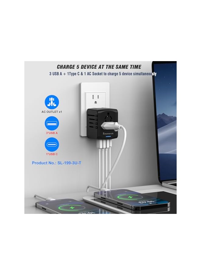 SAUNORCH محول طاقة سفر عالمي SAUNORCH مع شاحن حائط USB-A بسرعة 2.4A و USB-C بسرعة 3.0A، محول أوروبي، مقابس AC عالمية للسفر إلى أوروبا، المملكة المتحدة، الولايات المتحدة، أستراليا، آسيا - أسود - Image 3