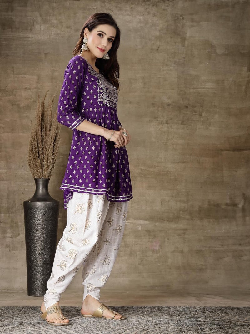 Stylum Women's Printed & Embroidered Rayon A-Line Kurti With Dhoti Pant - Image 5