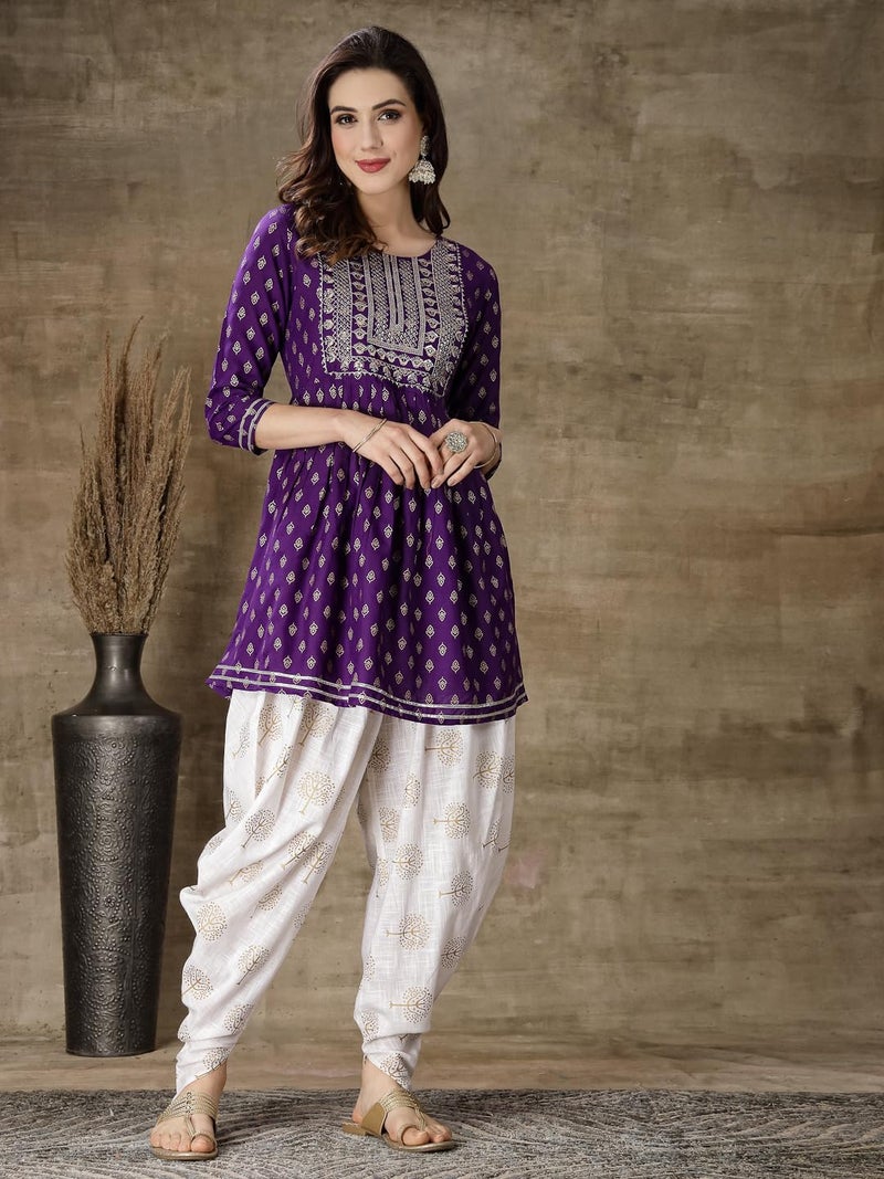 Stylum Women's Printed & Embroidered Rayon A-Line Kurti With Dhoti Pant - Image 4